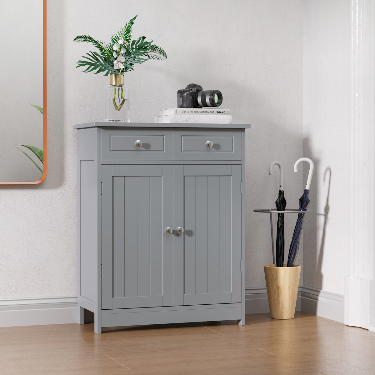 kleankin Bathroom Floor Storage Cabinet with 2 Drawers & Cupboard – Grey Freestanding Bathroom Storage