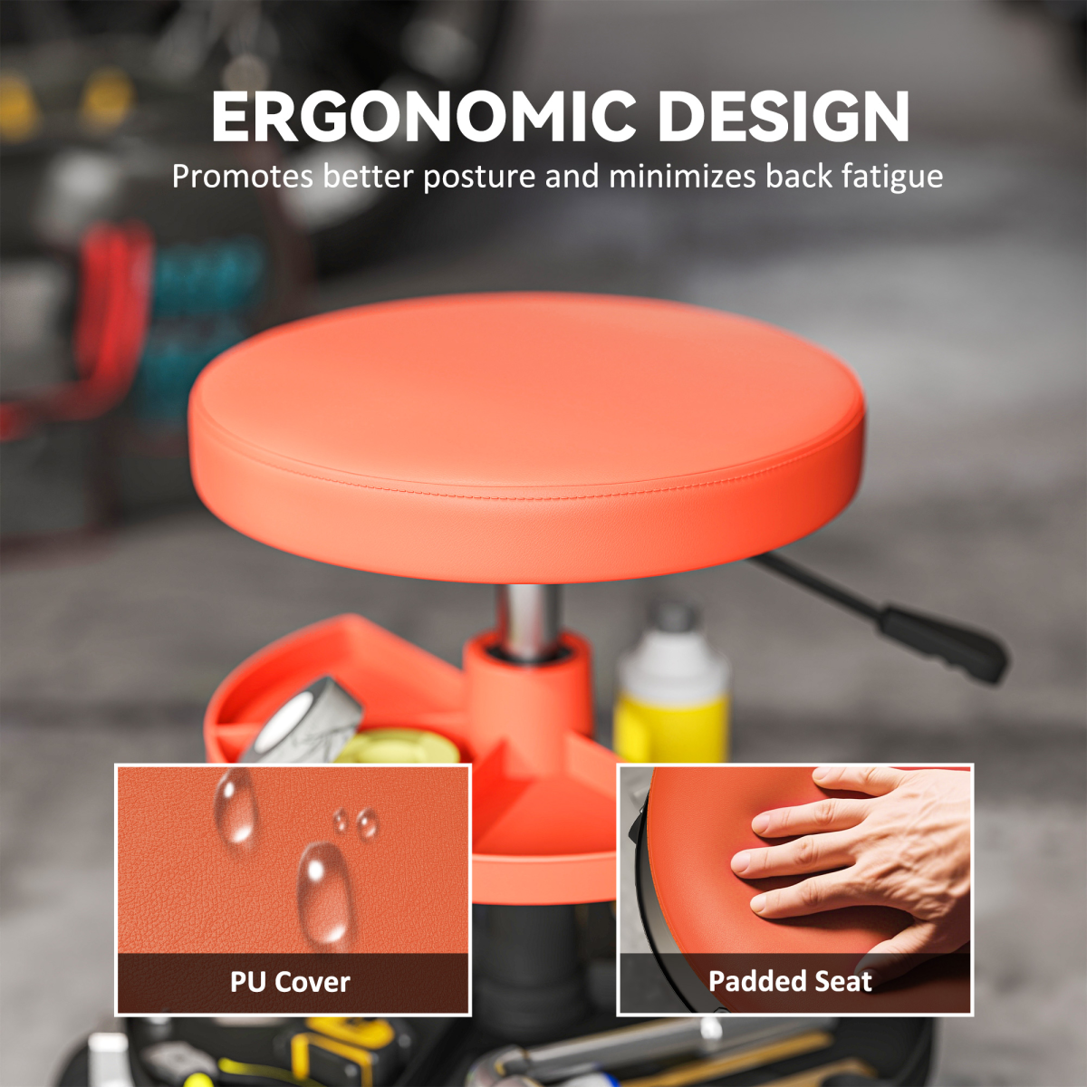 Mechanic Stool with Tool Trays and 5 Lockable Casters – Height-Adjustable 40–51 cm Workshop Seat, Yellow