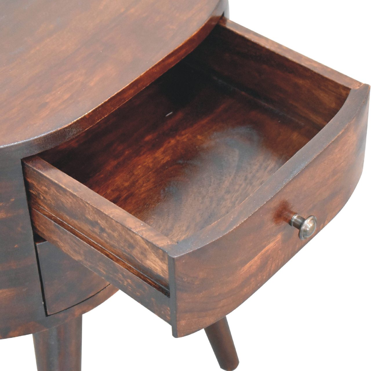 Artisan Furniture Solid Wood Rounded Bedside Table with 2 Mini Drawers – Light Walnut Finish, Brown