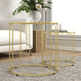 HOMCOM Coffee Table Set of 2 with Tempered Glass Tops – Nesting Tables with Geometric Metal Frame, Gold Tone