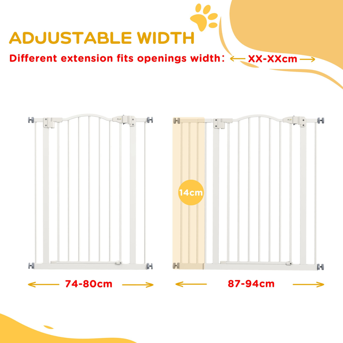 PawHut Adjustable Metal Pet Gate, 74–94cm Safety Barrier with Auto-Close Door – Dog Stair Gate, White