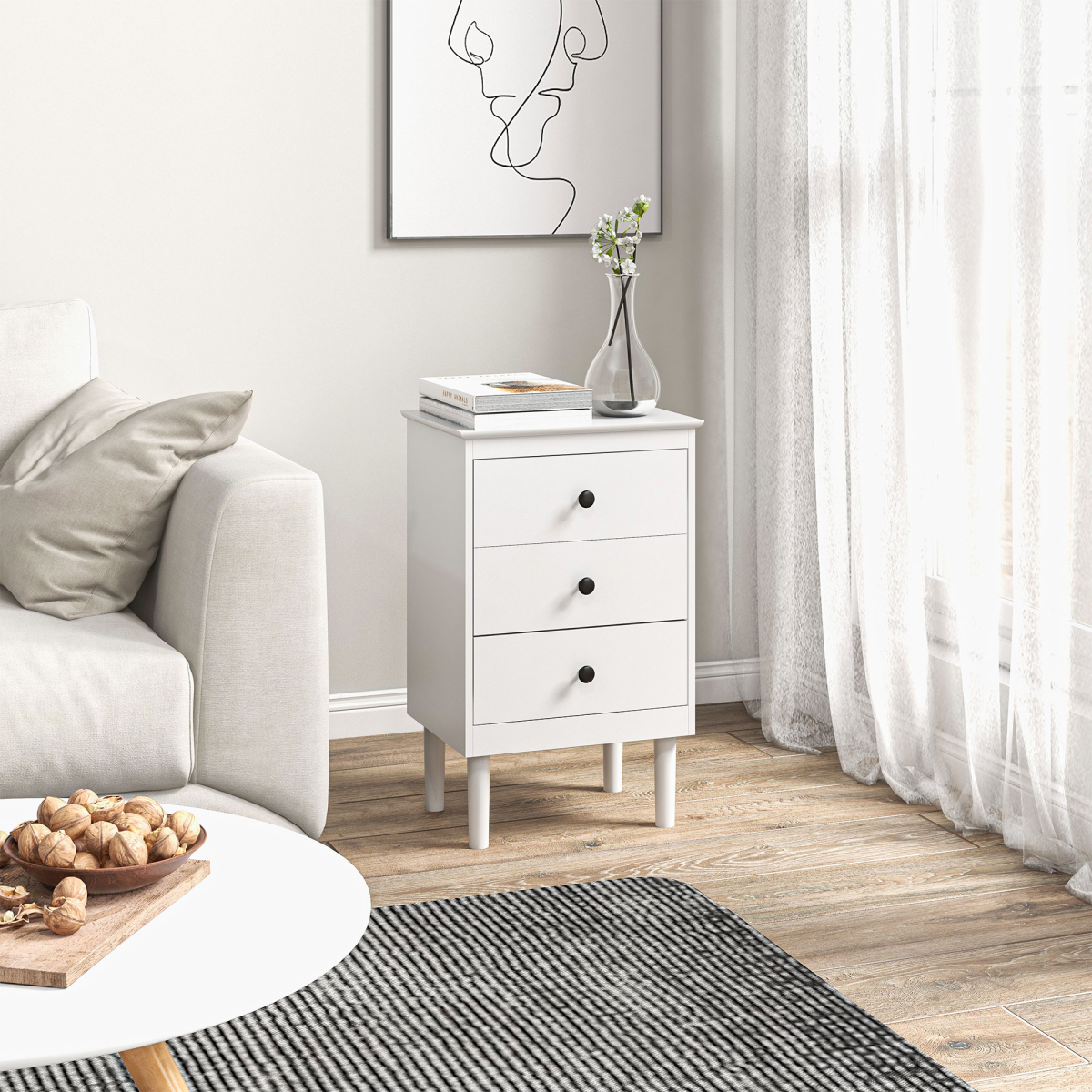 HOMCOM Set of 2 White Bedside Tables with 3 Drawers Each – Bedroom Storage Cabinets with Anti-Tip Straps