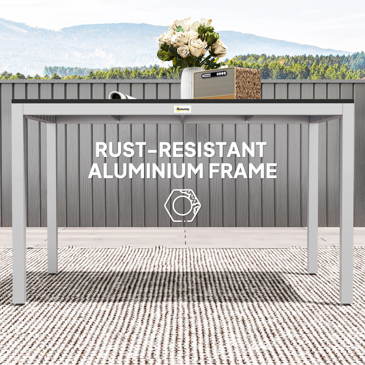 Outsunny Garden Table for 4-6 with Aluminium Frame & Slatted Top, 120 x 70 cm – Outdoor Patio Table, Black