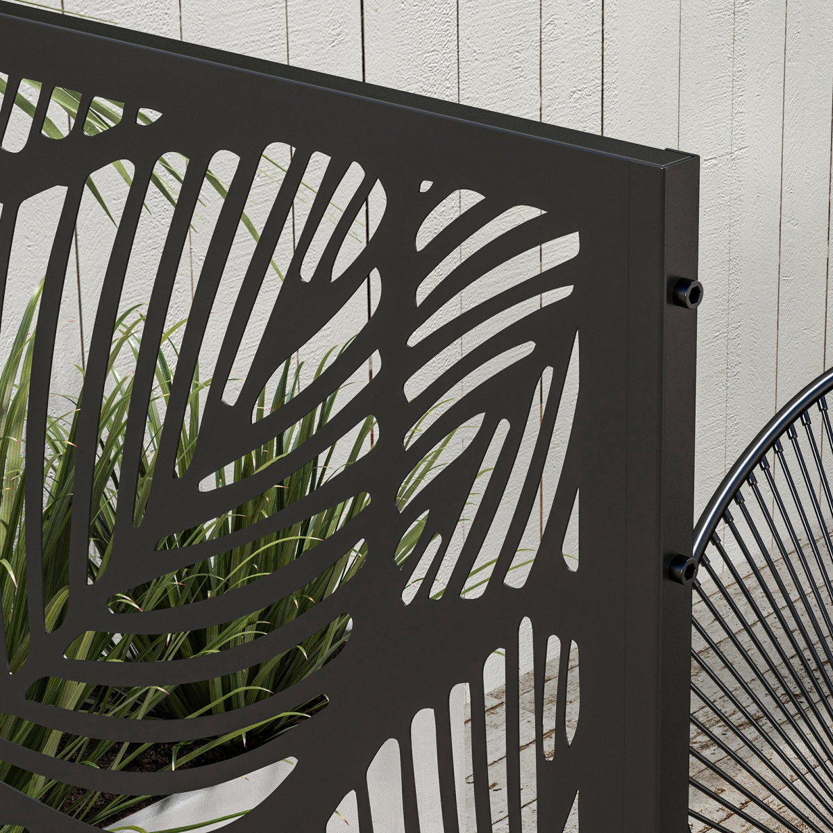 Outsunny 3-Panel Steel Leaf Garden Privacy Screen with Stand & Trellis – 6.5ft Decorative Space Divider, Black