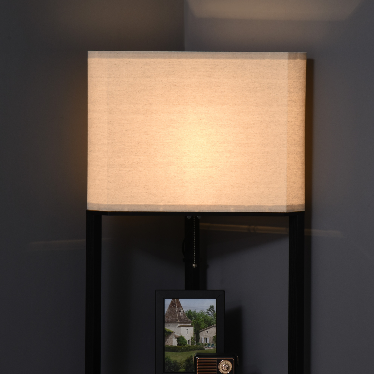 Modern Triangle Corner Floor Lamp with Built-In Display Shelves – Space-Saving Lighting
