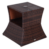 Outsunny PE Rattan Tea Coffee Table with Parasol Hole and Storage Shelf – Metal Frame Garden Table, Mixed Grey