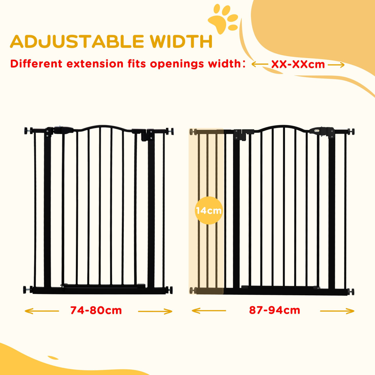 PawHut 74–94cm Adjustable Metal Pet Gate with Auto-Close Door & Double Locking – Stairs, White