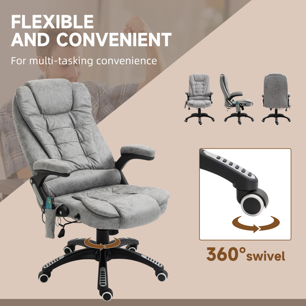 Executive Reclining Office Chair with Heated Massage & Headrest – Swivel Home Office Chair, Grey