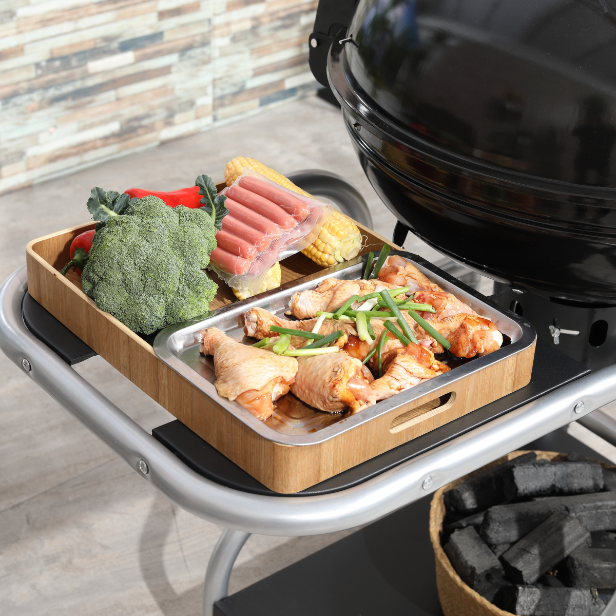 Outsunny Garden Charcoal Barbecue Trolley Grill with Wheels, Side Trays & Storage Rack – Black