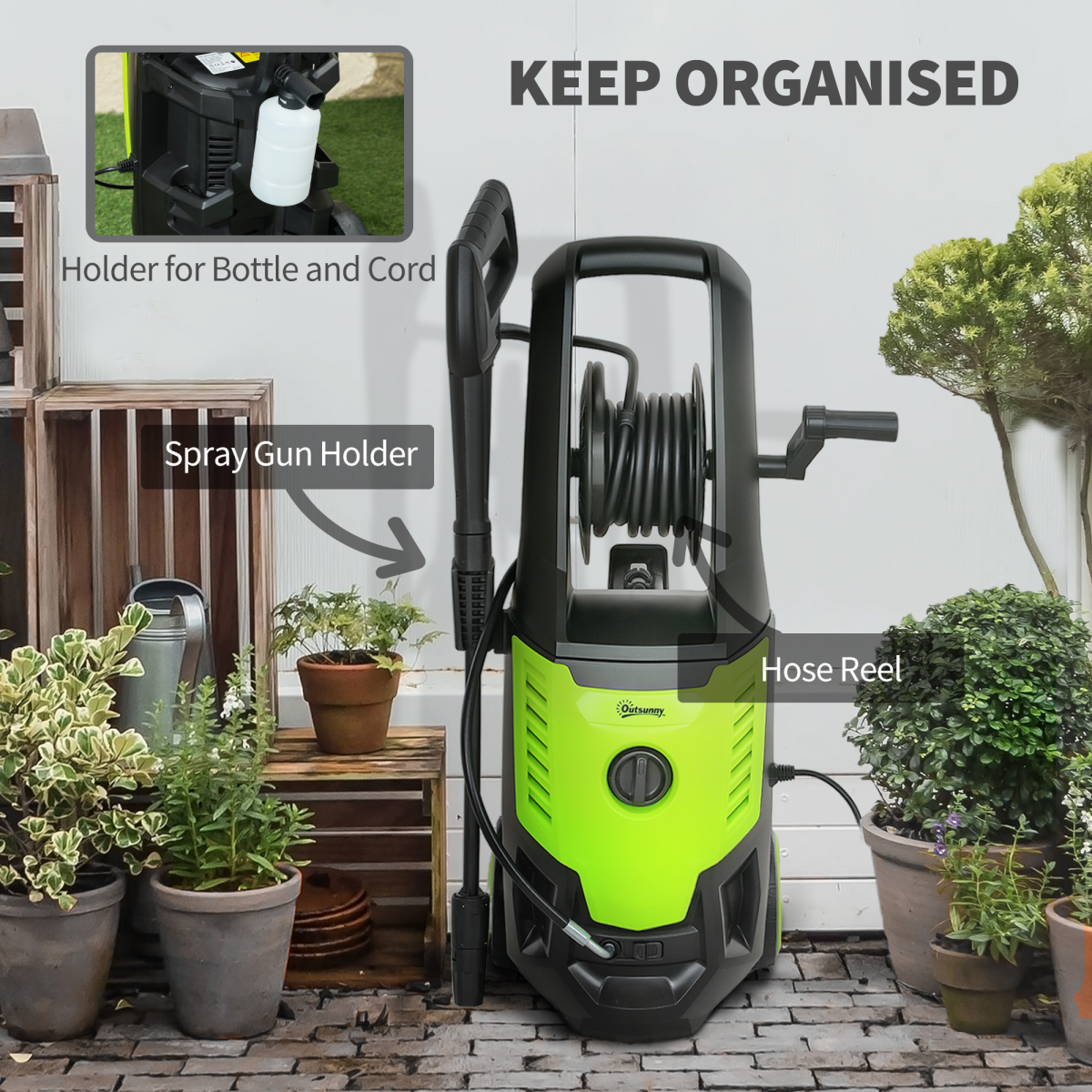 Outsunny 2200W Power Washer with 170 Bar Pressure, Adjustable Nozzle and Hose Reel – Snow Foam Bottle Included