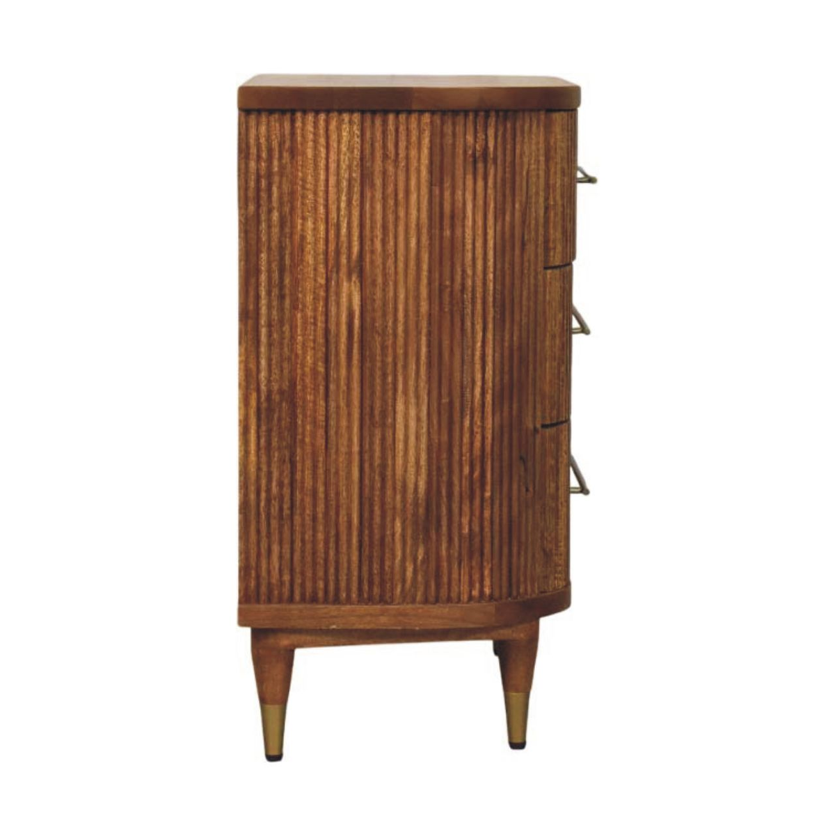 Artisan Furniture Emerson Ribbed Chest of 3 Drawers – Solid Mango Wood with Brass Handles, Amber Oak Brown