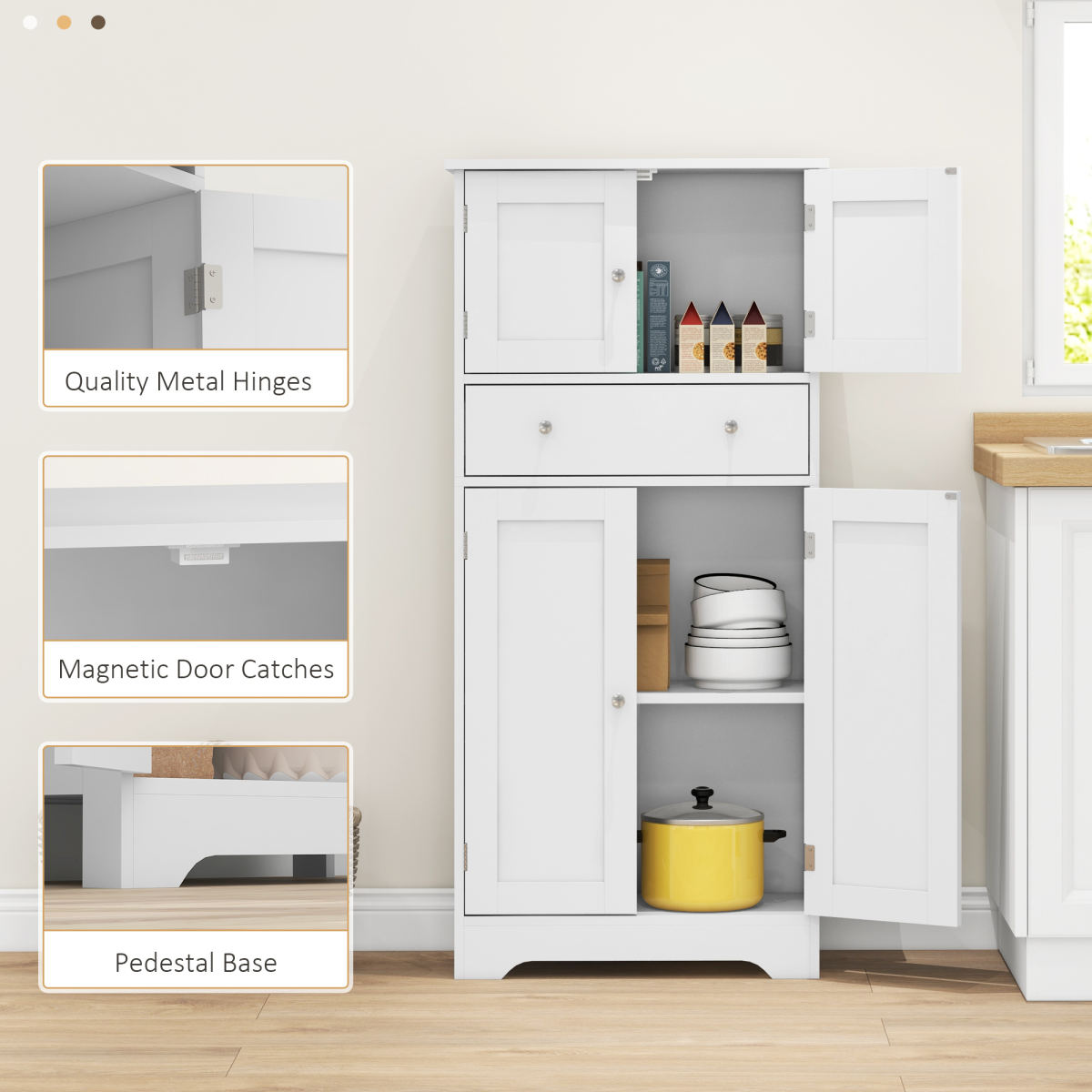 HOMCOM Freestanding Kitchen Cupboard with Drawer & Adjustable Shelf – Pantry Storage, White