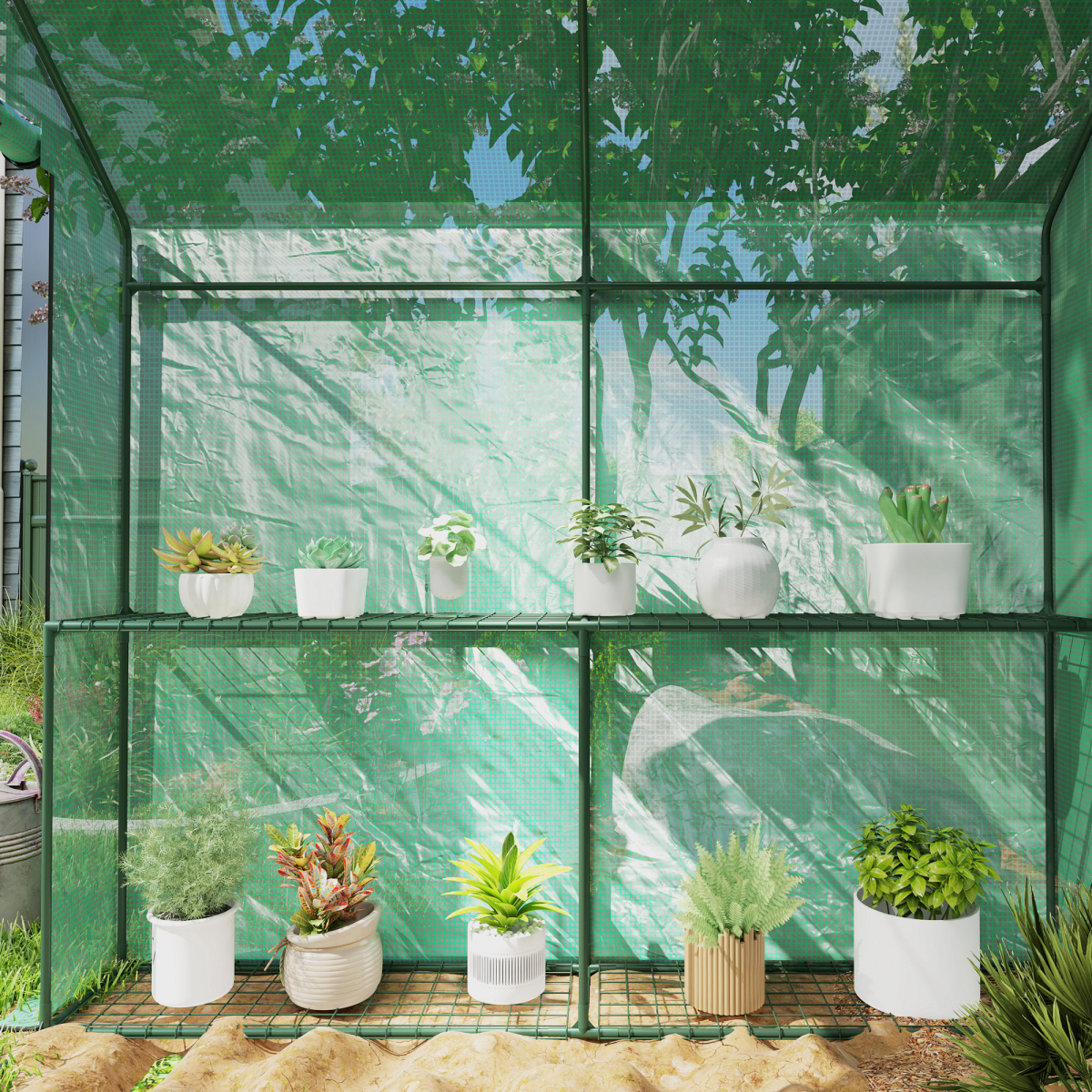 Outsunny Walk-In Greenhouse with 4 Shelves, UV-Resistant PE Cover & Zipped Door, 120 x 186 x 190cm, Green