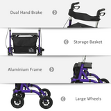 HOMCOM All-Terrain Rollator Walker with Seat, Backrest & Storage Bag – Folding Aluminium Mobility Aid, Purple