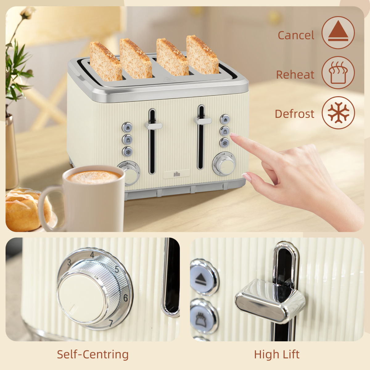 Kettle and 4-Slice Toaster Set with 1.7L 3000W Fast Boil Kettle & 7 Browning Levels – Ridged Design, Cream