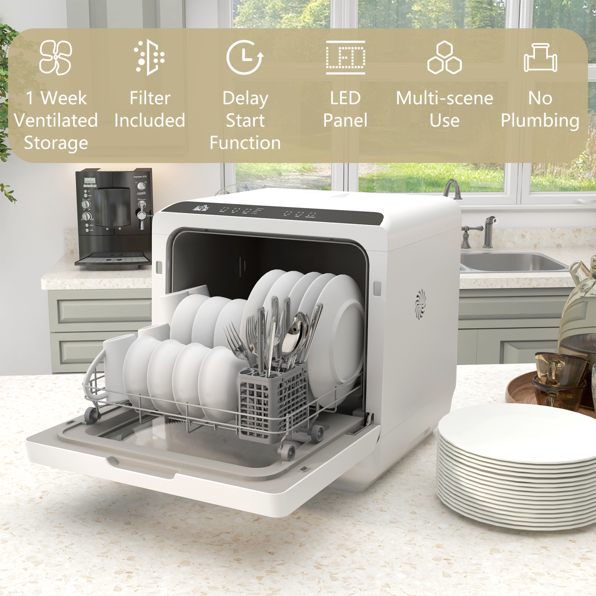 HOMCOM Table Top Dishwasher with 4 Place Settings, 6 Programmes and Fruit Wash Mode – Countertop Dishwasher, White