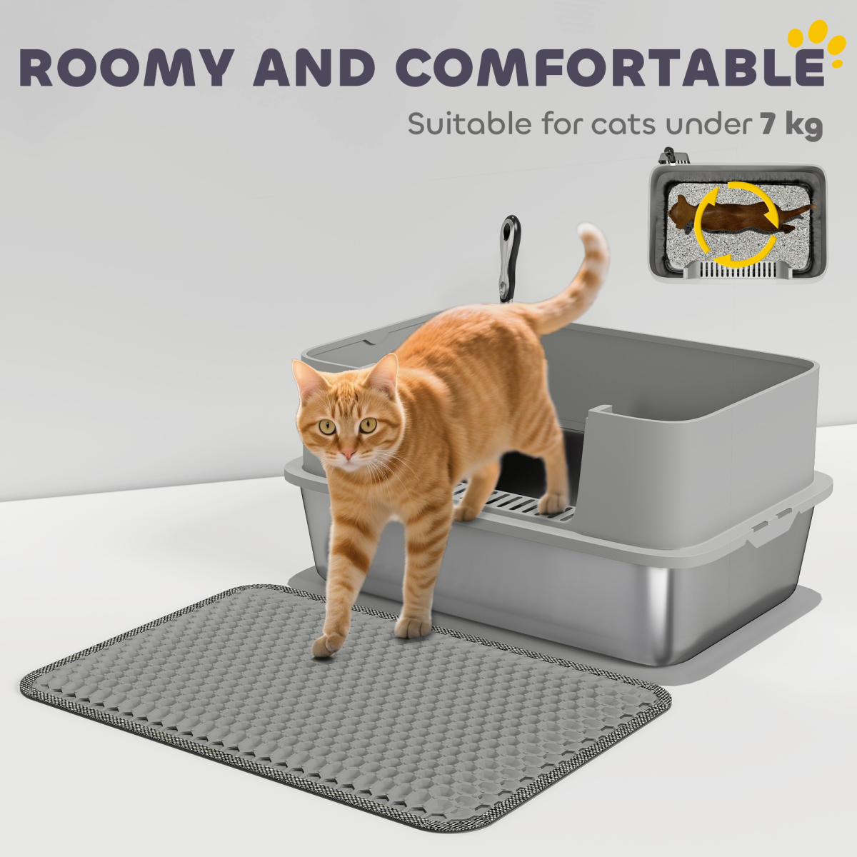 Stainless Steel Cat Litter Box with Scoop, High Sides & Snap-Lock Lid – Litter Tray with Sand Drop Zone & Mat, Grey