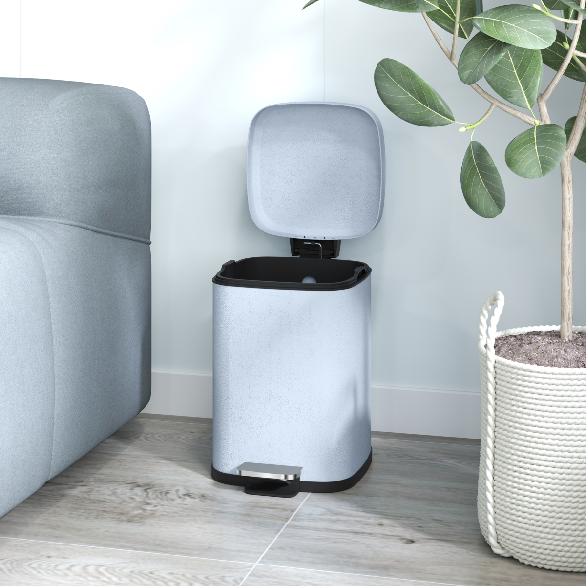 HOMCOM 12L Metal Pedal Bin with Soft-Close Lid, Hands-Free Foot Pedal – Compact Kitchen Bin, Light Blue