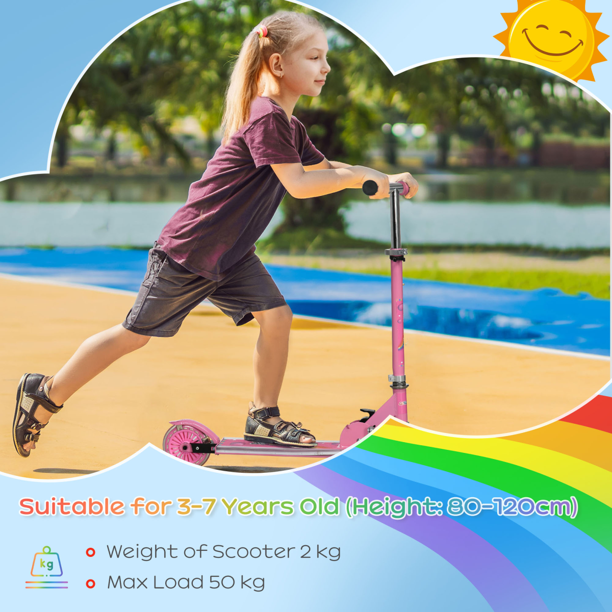 Kids Folding Scooter with Light-Up Wheels, Music and Adjustable Height – For Ages 3–7, Pink