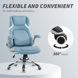 High Back Linen-Look Office Chair with Flip-Up Arms & Lumbar Support – Space-Saving Desk Chair, Blue