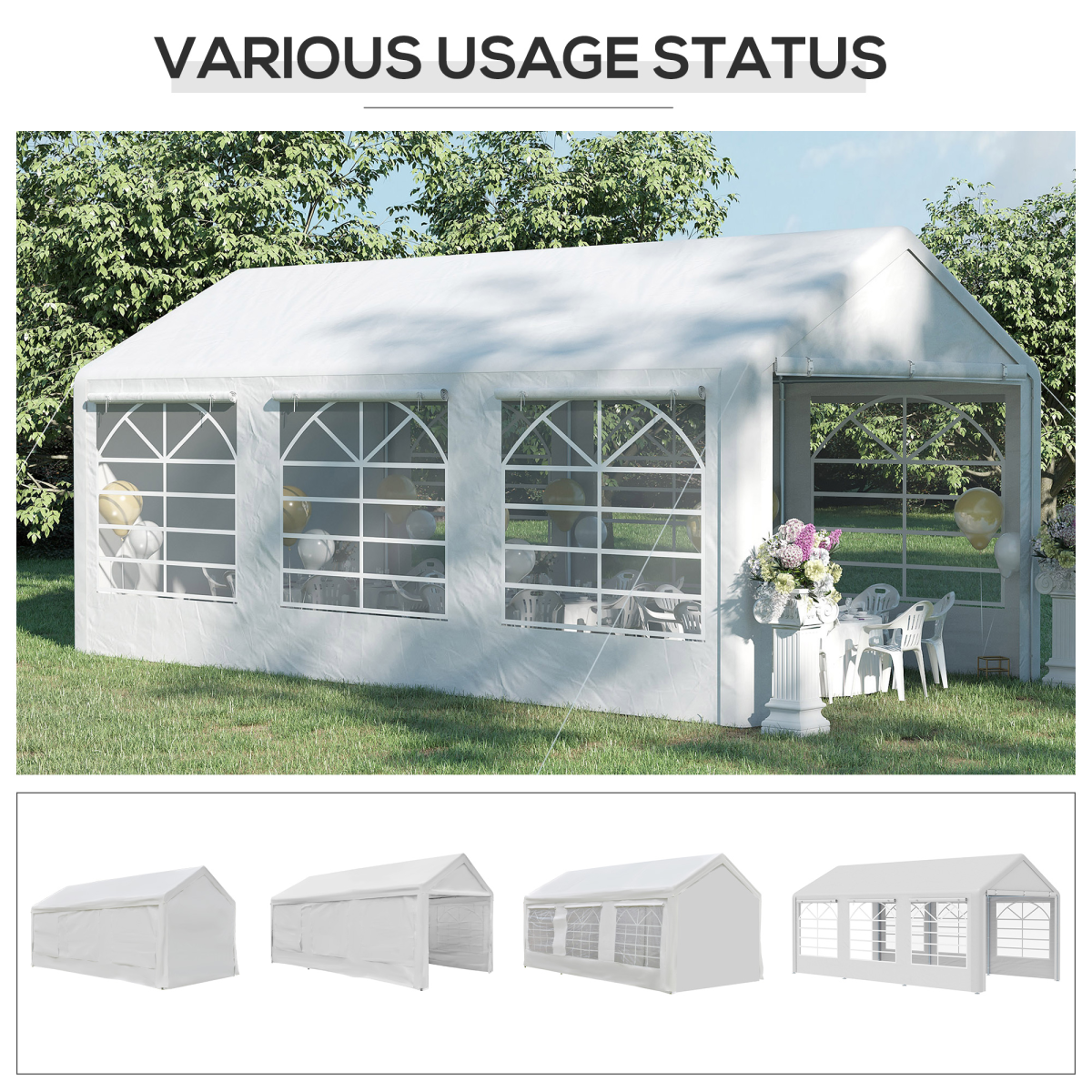 Outsunny 20 x 10 Car Tent with Water-Resistant Sidewalls & Zipped Doors – Outdoor Canopy Shelter, White