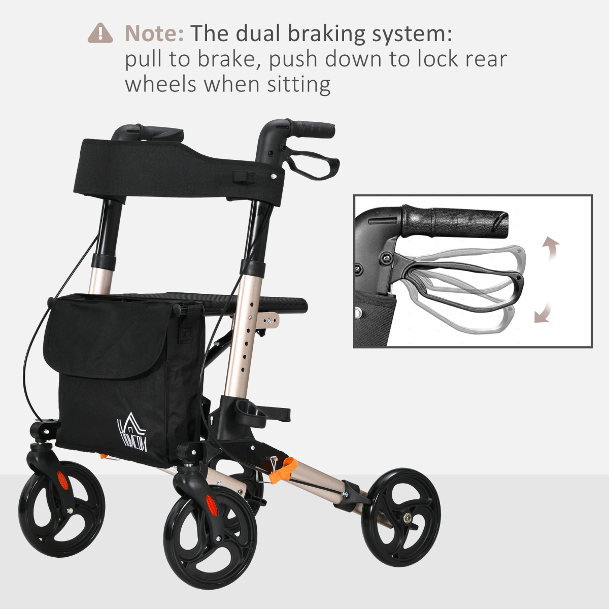 HOMCOM 4-Wheel Rollator Walker with Seat, Backrest & Bag – Height Adjustable Walking Aid, Gold Tone