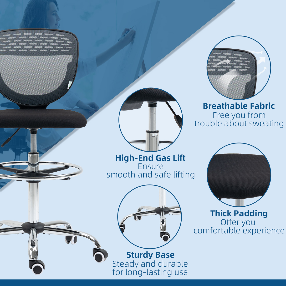 Vinsetto Tall Draughtsman Chair with Lumbar Support & Foot Ring – Grey Mesh