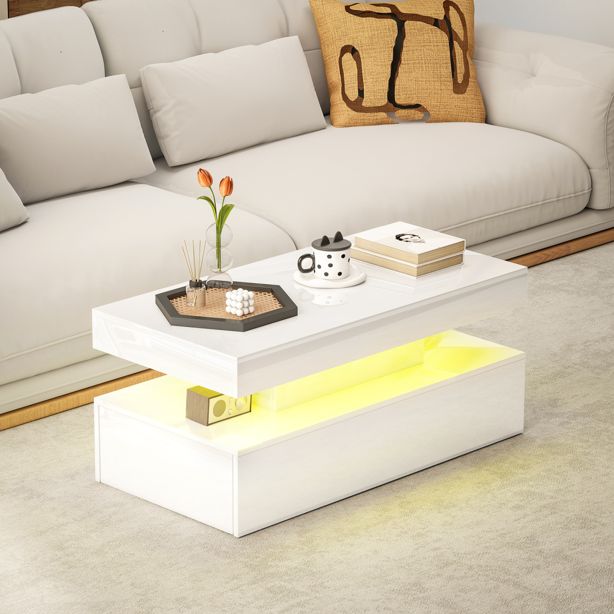 HOMCOM LED Coffee Table with Storage Drawers & Open Shelf, Remote Control – High Gloss Living Room Table, White