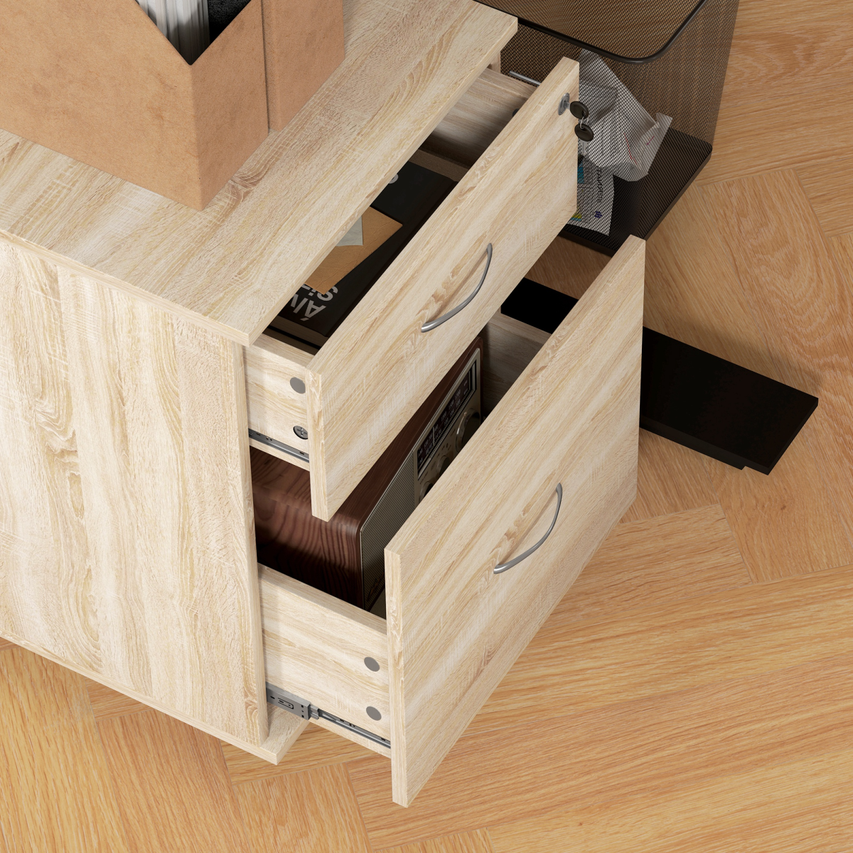 HOMCOM Mobile Pedestal Filing Cabinet with 2 Drawers, Lockable Top & Wheels – Office Storage, Oak Effect