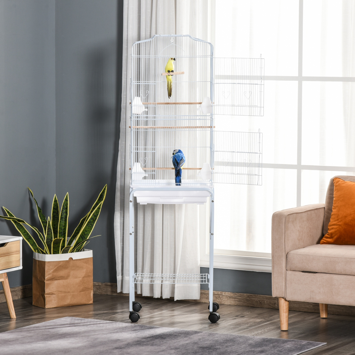 PawHut Large Bird Cage for Budgies, Finches & Canaries with Stand, Sliding Tray & Storage Basket – White