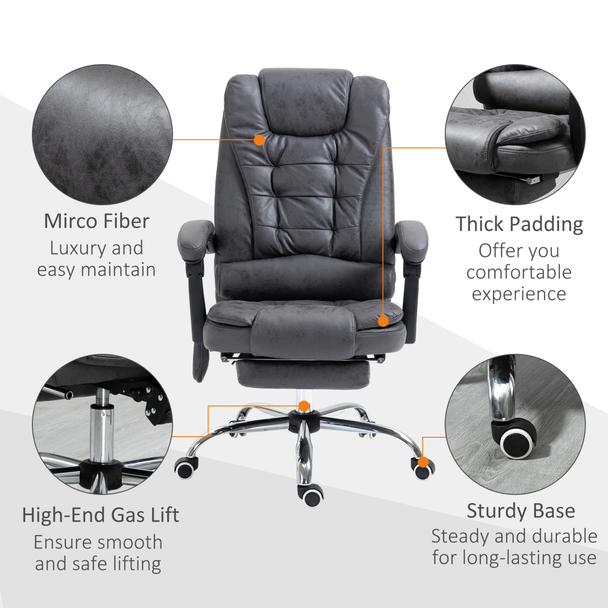 Vinsetto Heated Massage Office Chair with 6 Vibration Points – Reclining Chair with Footrest, Dark Grey