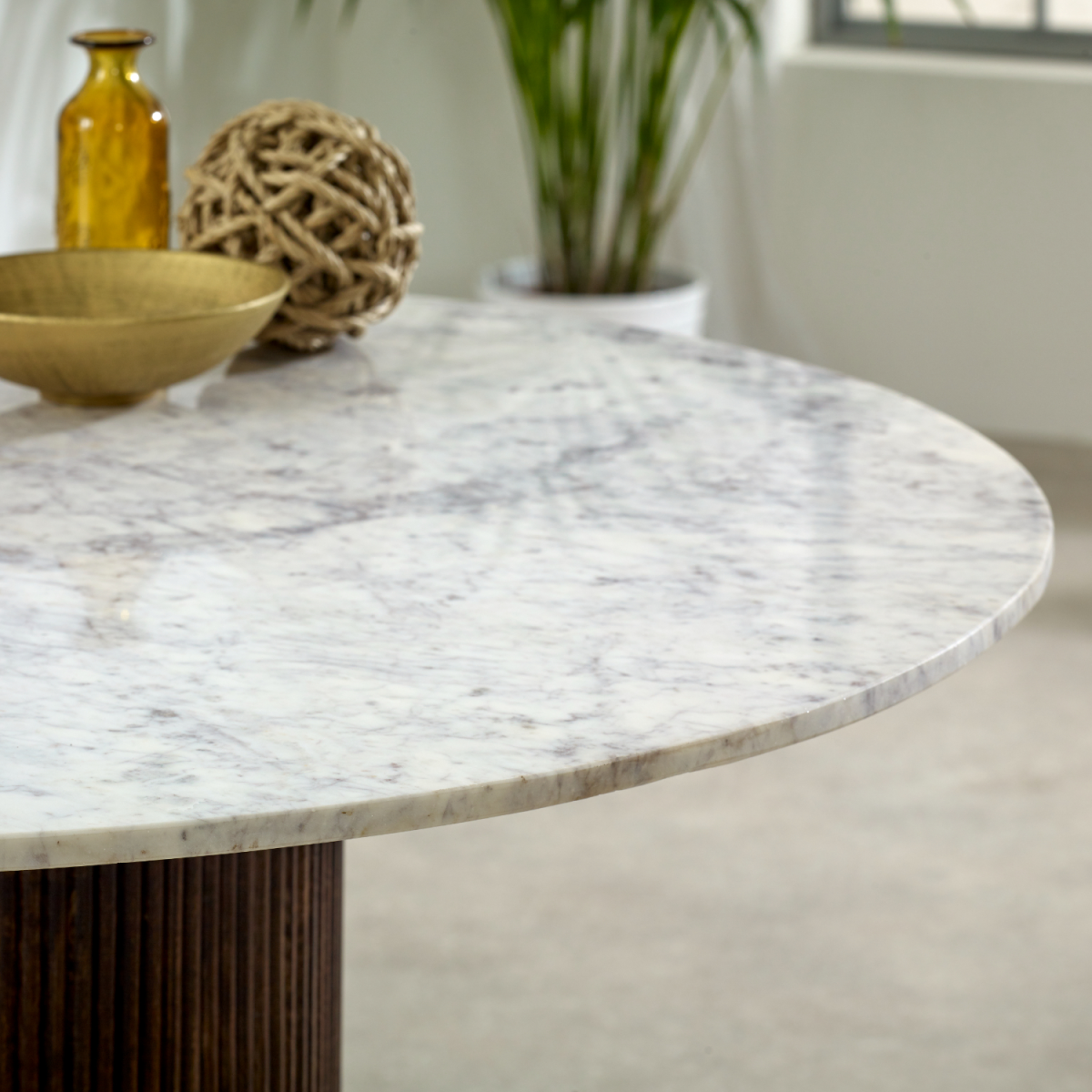 Opal Round Mango Wood Dining Table with White Marble Top – Handmade Artisan Table for Sociable Dining