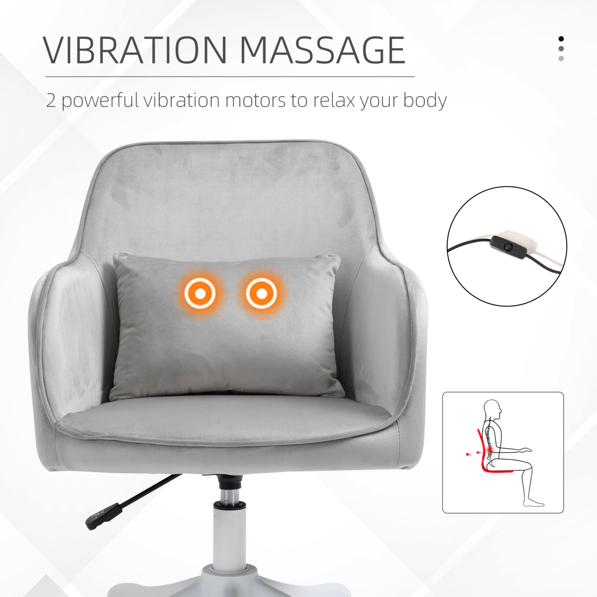 Vinsetto Tub Office Chair with Rechargeable Massage Lumbar Pillow – Velvet-Feel Swivel Desk Chair