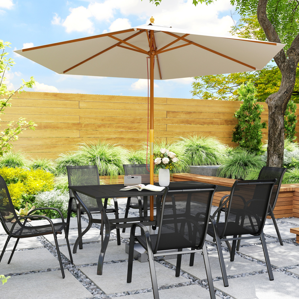 Outsunny Steel Garden Dining Table with Slatted Top & 42mm Parasol Hole – Seats 6, Black