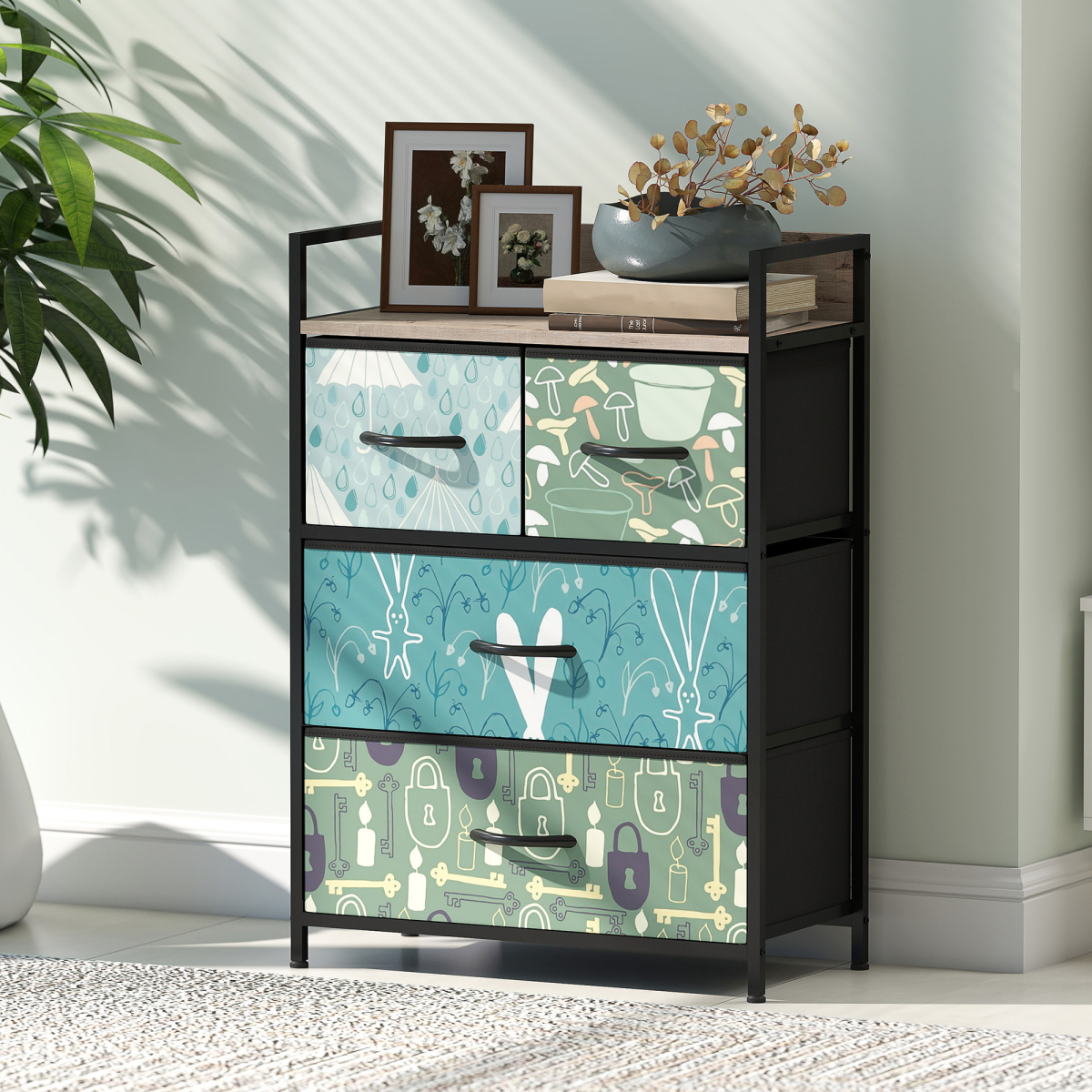 4-Drawer Storage Cabinet with Patterned Drawer Fronts – Decorative Storage for Living Room & Hallway