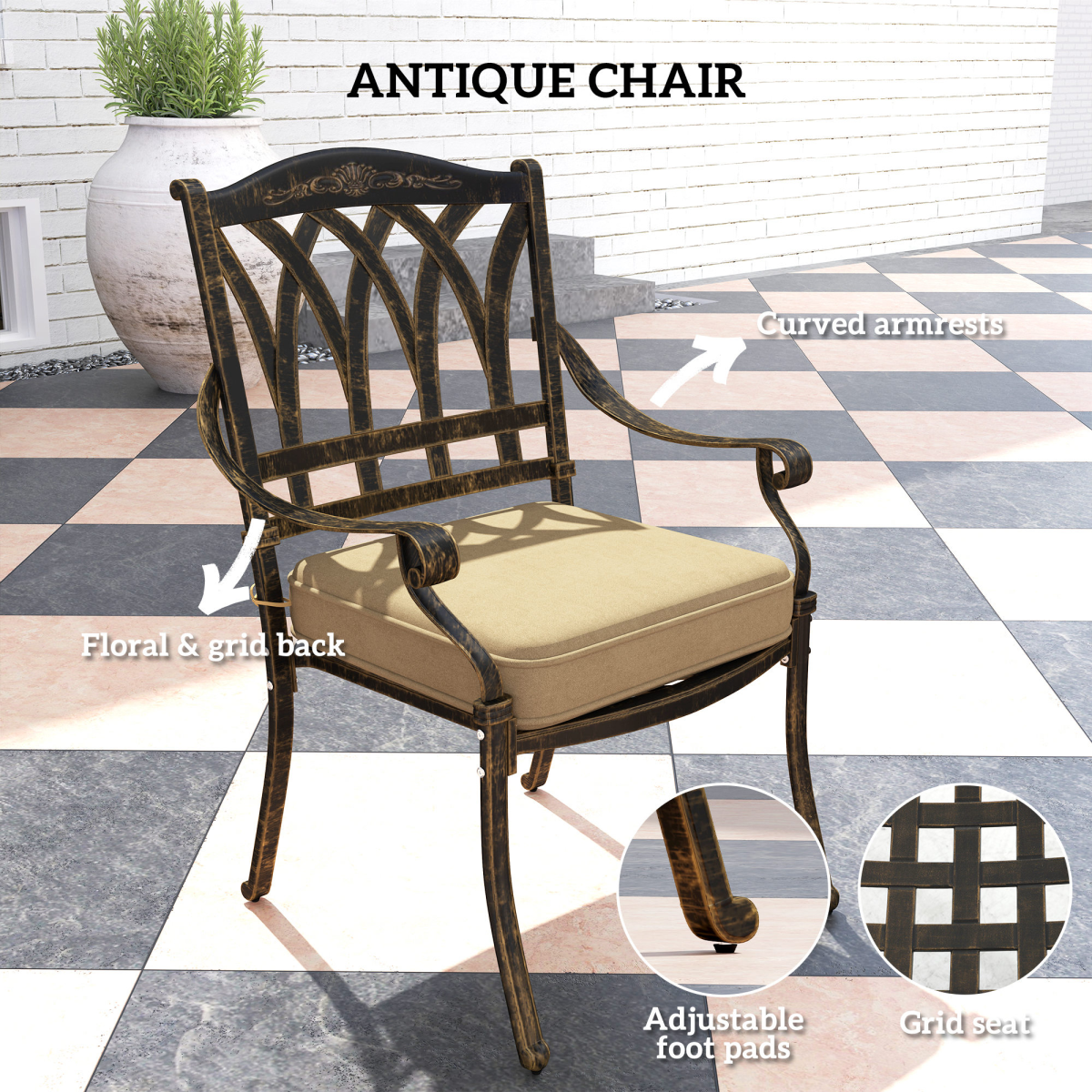 Outsunny 9-Piece Cast Aluminium Garden Dining Set with 8 Armchairs, Cushions & Parasol Hole – Bronze and Khaki