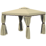 Outsunny 3 x 3m Aluminium Patio Gazebo with Mosquito Net, Four Curtains & Two-Tier Canopy Roof, Beige