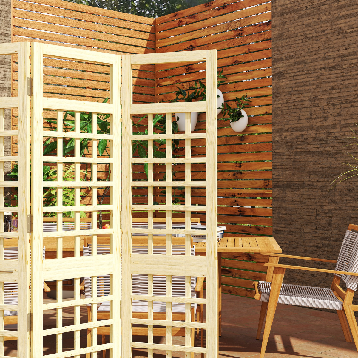 Outsunny 3-Panel Folding Wooden Garden Privacy Screen – Fir Wood Outdoor Divider, Natural Finish