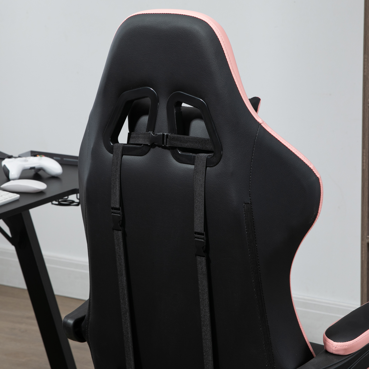 Reclining Gaming Chair with Footrest, Head & Lumbar Pillows – Swivel Computer Desk Chair, Black & Pink