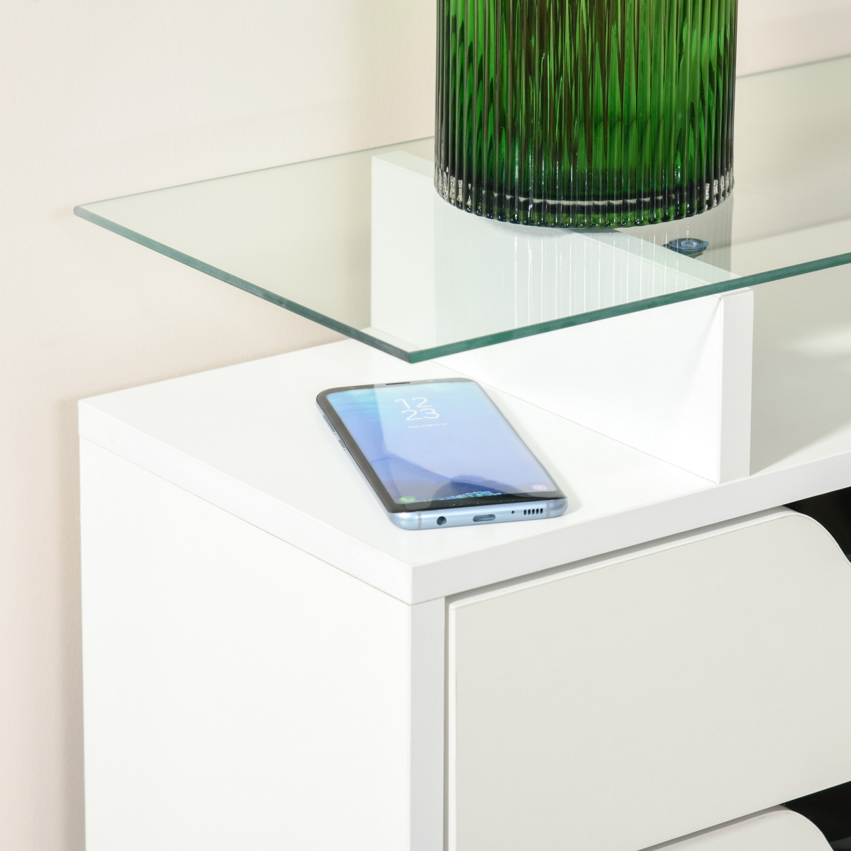 HOMCOM High Gloss Shoe Cabinet with Flip Doors, Drawer & Glass Top – Slim Hallway Storage, White