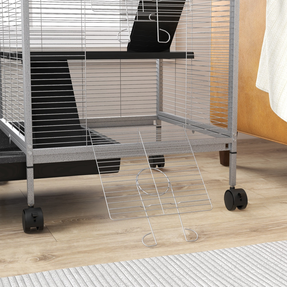 PawHut Rolling Small Animal Cage with Ramps & Platforms – Chinchilla and Ferret Cage with Hammock, Light Grey