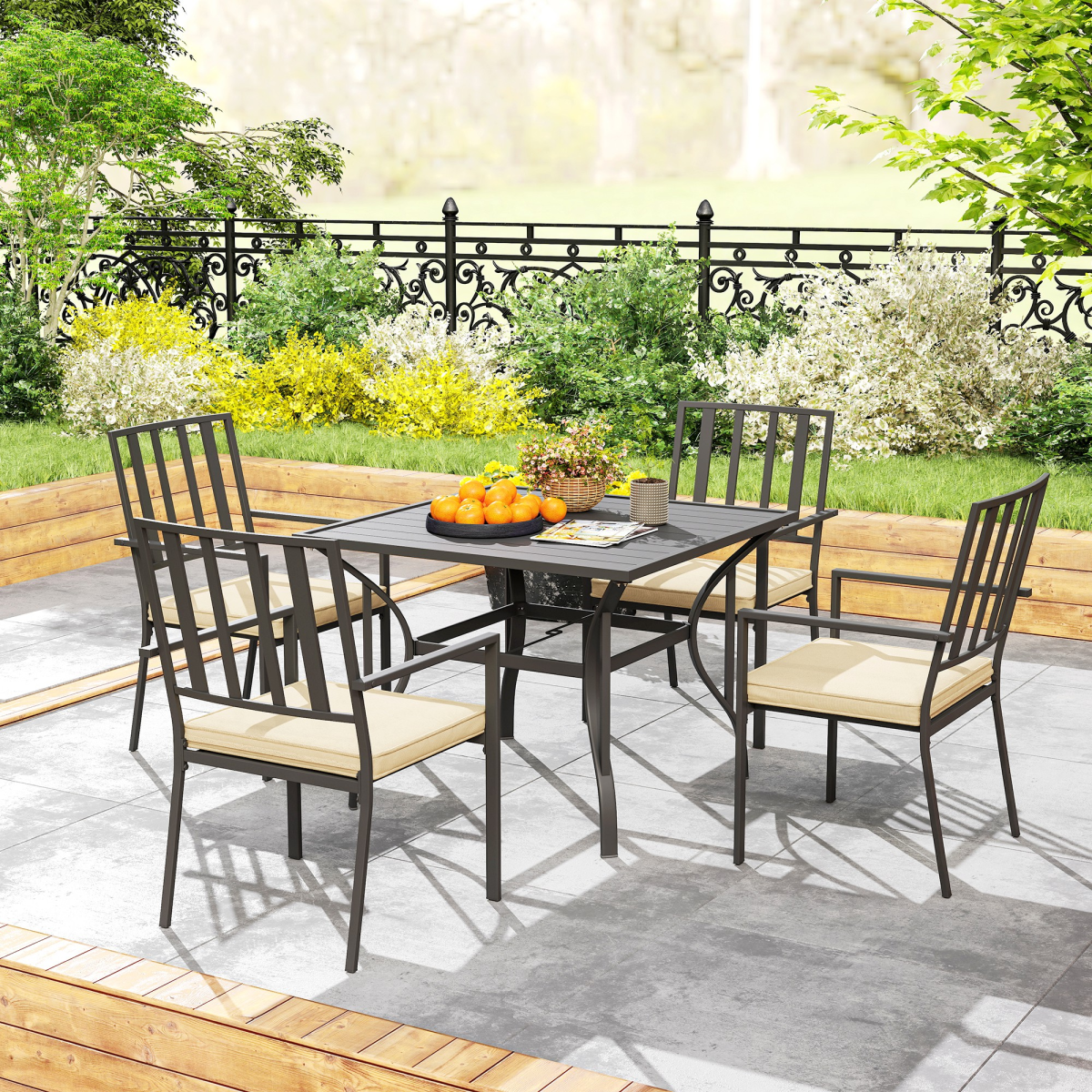 Outsunny Outdoor Dining Set with 4 Stackable Cushioned Armchairs & Metal Table, 50mm Umbrella Hole – Black/Beige