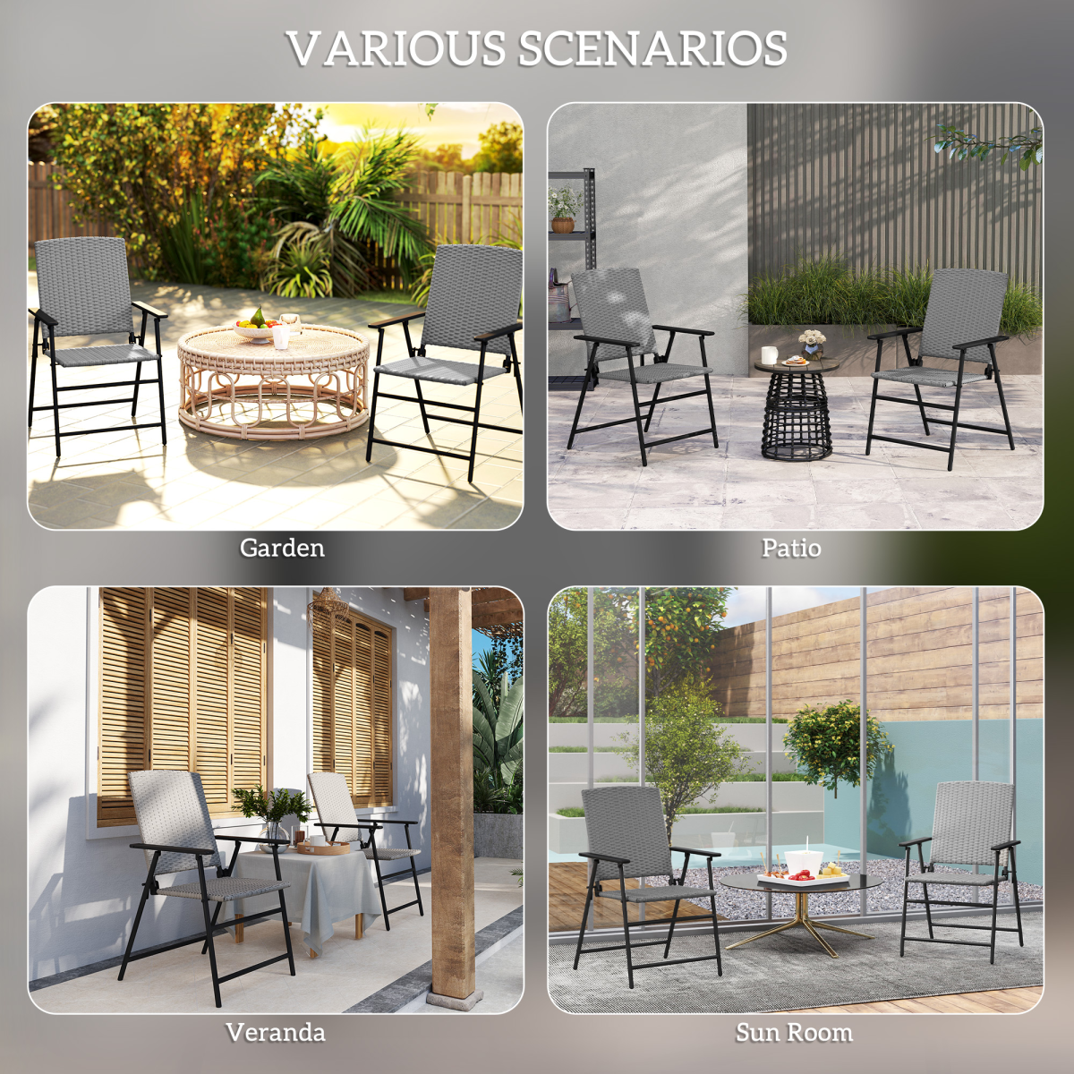 Outsunny Set of 2 Foldable Rattan Garden Chairs with Armrests and Steel Frame – Patio Seating, Grey