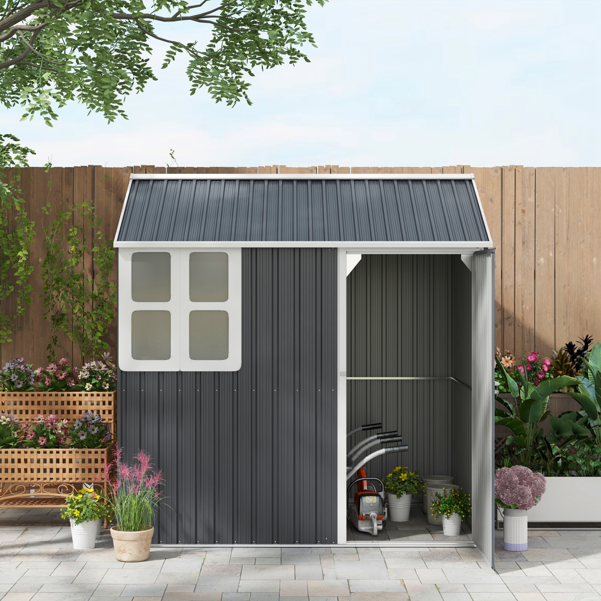 Outsunny 7 x 6ft Galvanised Steel Garden Shed with Window & 4 Vents – Outdoor Tool & Bike Storage, Dark Grey