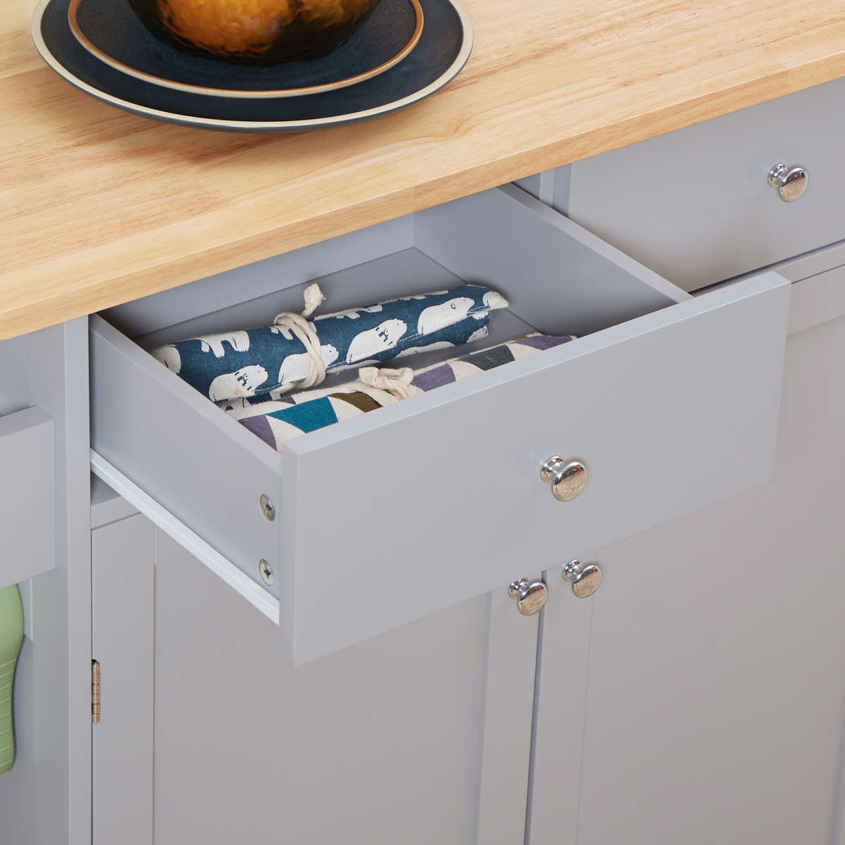 Rolling Kitchen Cart with Rubberwood Top, Towel Rack, Hooks, Drawers & Open Shelf – Grey