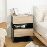 HOMCOM Floating Bedside Tables Set of 2 with Drawer and Open Shelf – Modern Nightstands, Oak and Black