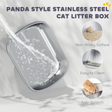 XL Stainless Steel Enclosed Cat Litter Box with Panda Design, Flip-Top Lid, Scoop and Deodoriser