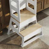 AIYAPLAY 2 in 1 Toddler Tower with Chalkboard & Safety Rail – Kitchen Helper Step Stool, White and Natural Wood