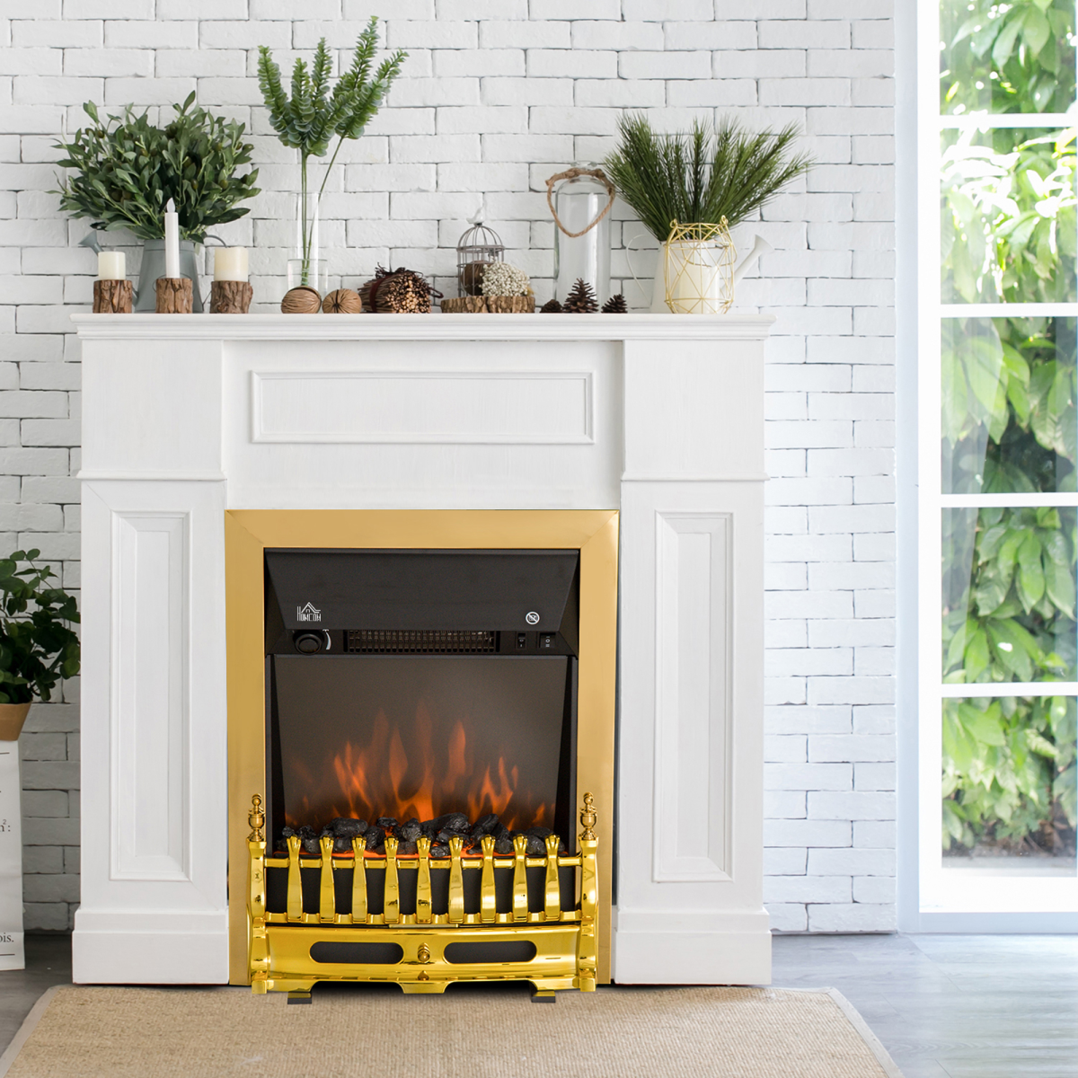 HOMCOM 2000W LED Flame Electric Fireplace with Coal Burning Effect – Freestanding Heater, Golden
