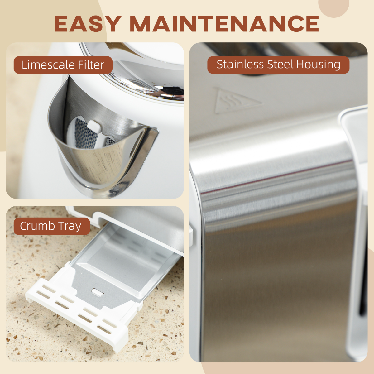 Kettle and 4-Slice Toaster Set, 1.7L 3000W Stainless Steel Kettle, White and Silver